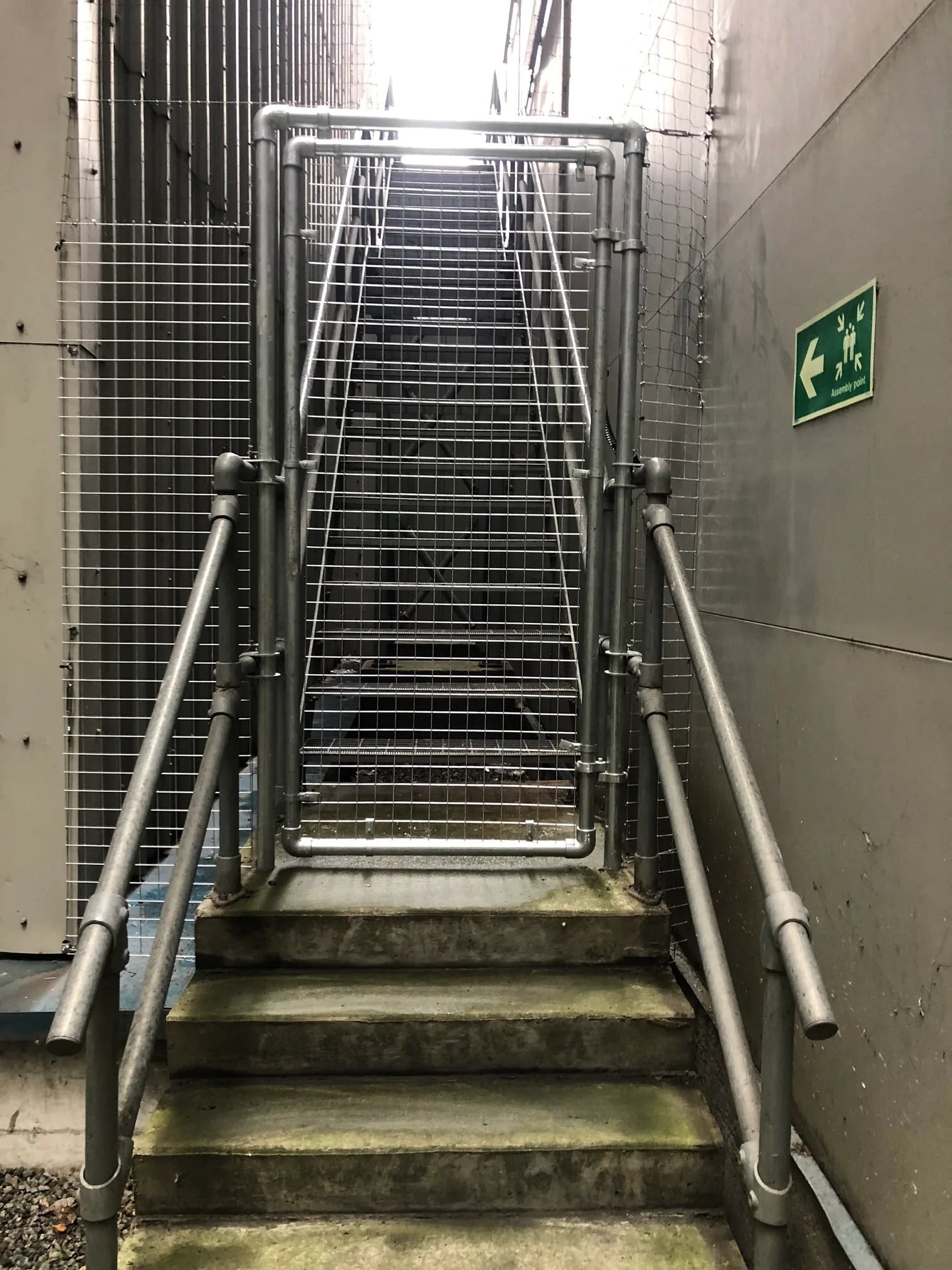 External stairwell fully enclosed in galvanised mesh to keep birds out